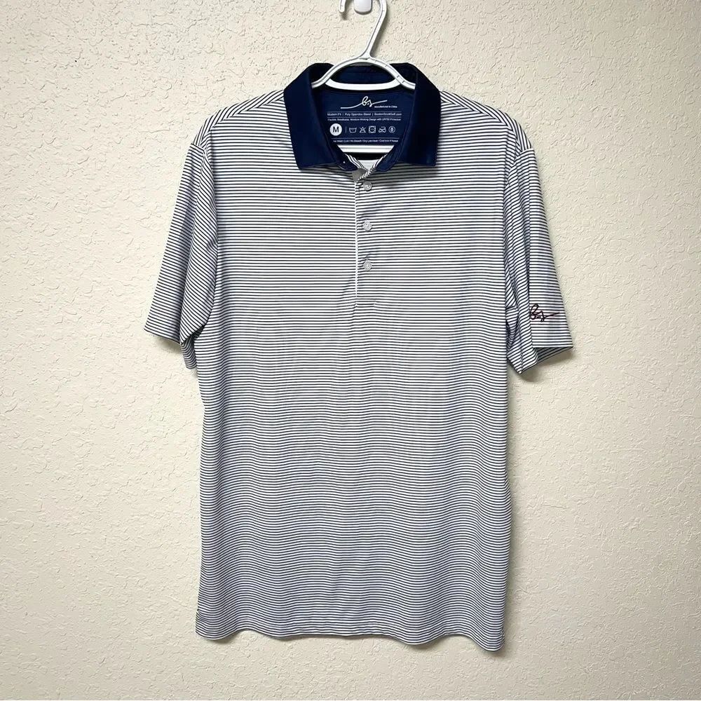 Boston Scott Polo Shirt Mens Blue Stripe Golf Performance UPF Stretch Sz M